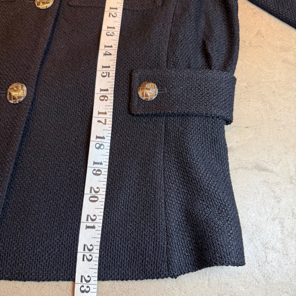 St. John Black Knit Jacket Blazer Size 4 Silver Logo Buttons USA Made - Picture 10 of 11